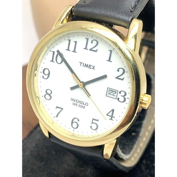 Timex Men's Watch T2H291 Quartz Indiglo Gold White Dial Black Leather Band 35mm - Picture 1 of 14